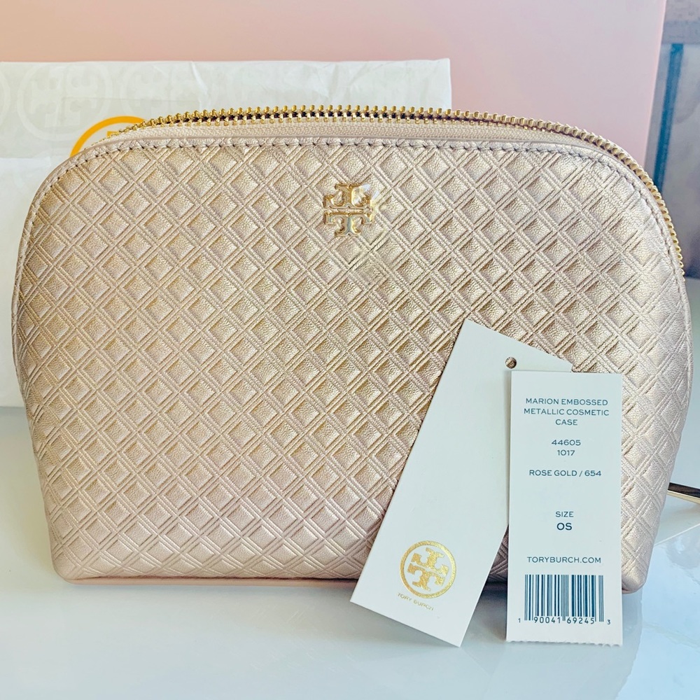 Tory Burch Embossed Rose Gold Cosmetic Bag